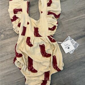 kate quinn Cream Romper with Burgundy Cowboy Boot Print